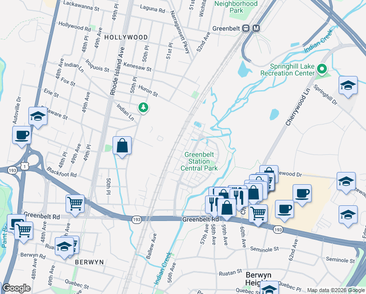 map of restaurants, bars, coffee shops, grocery stores, and more near 8228 Miner Street in Greenbelt