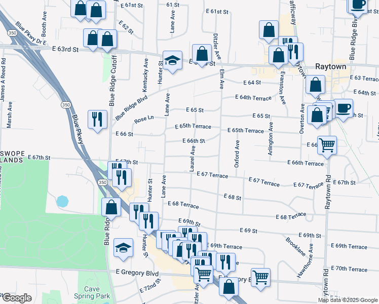 map of restaurants, bars, coffee shops, grocery stores, and more near 9058 East 66 Terrace in Raytown