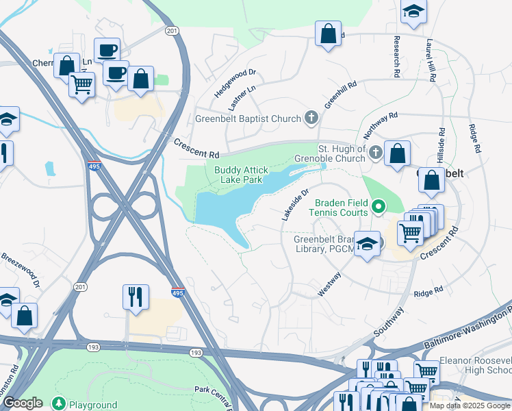 map of restaurants, bars, coffee shops, grocery stores, and more near Greenbelt Lake Trail in Greenbelt