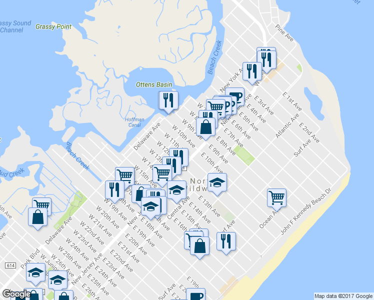 map of restaurants, bars, coffee shops, grocery stores, and more near 111 West 11th Avenue in North Wildwood