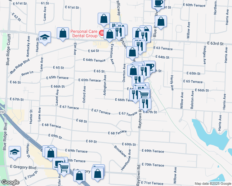 map of restaurants, bars, coffee shops, grocery stores, and more near 9705 East 66th Street in Raytown