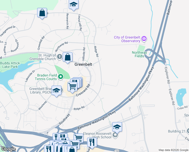 map of restaurants, bars, coffee shops, grocery stores, and more near 58F Crescent Road in Greenbelt