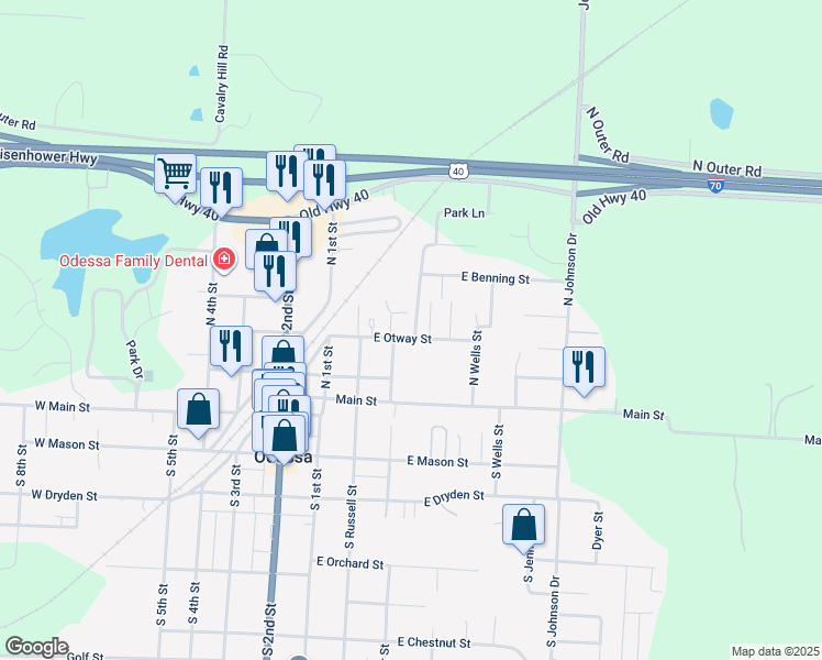 map of restaurants, bars, coffee shops, grocery stores, and more near 307 East Otway Street in Odessa