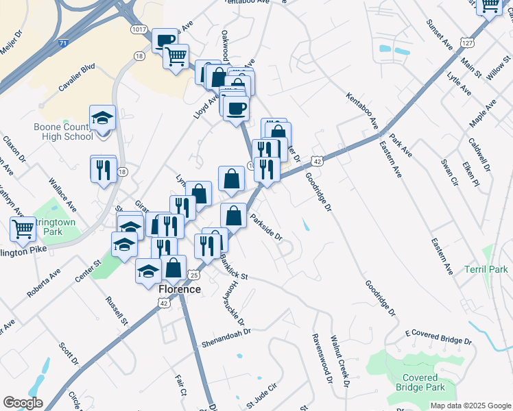map of restaurants, bars, coffee shops, grocery stores, and more near 6808 Dixie Highway in Florence