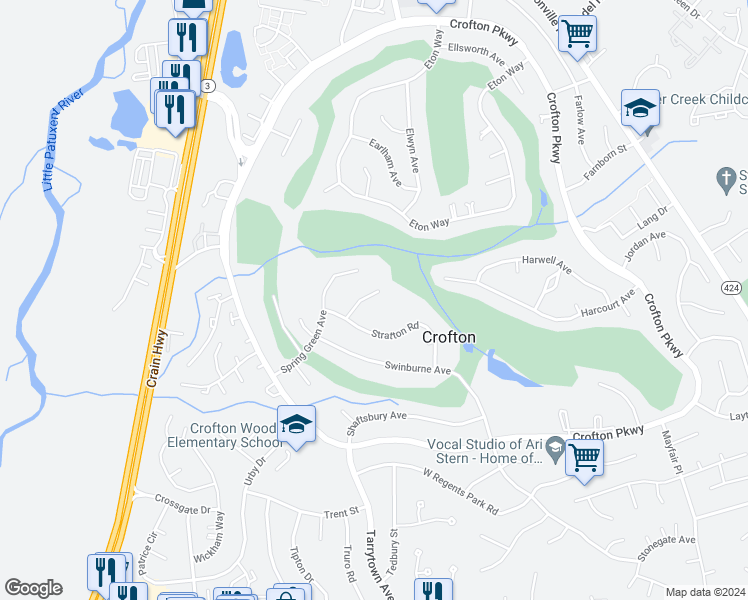 map of restaurants, bars, coffee shops, grocery stores, and more near 1703 Saxony Place in Crofton