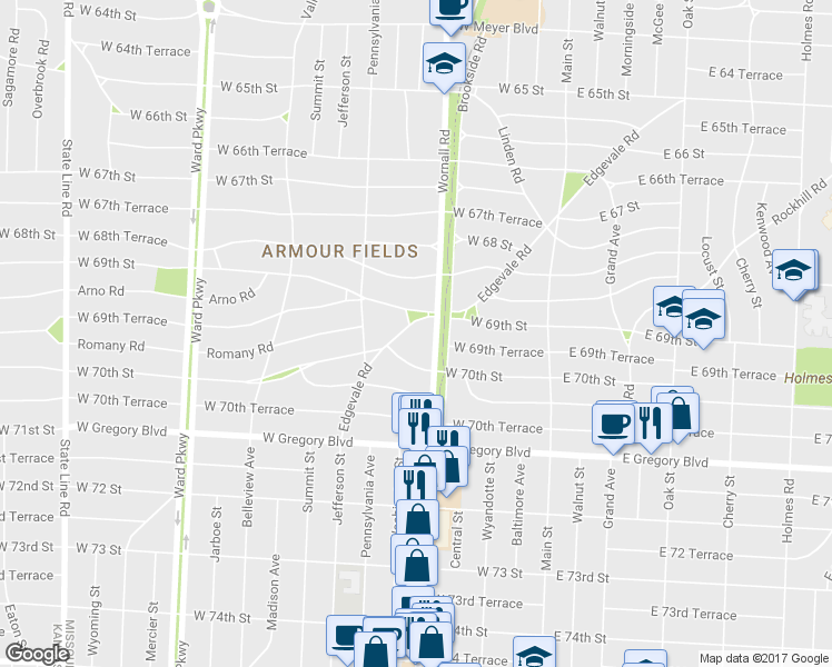 map of restaurants, bars, coffee shops, grocery stores, and more near 6919 Edgevale Road in Kansas City