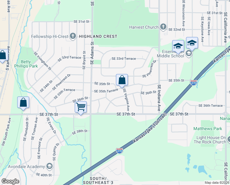 map of restaurants, bars, coffee shops, grocery stores, and more near 839 Southeast 35th Terrace in Topeka