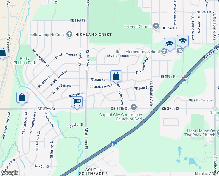map of restaurants, bars, coffee shops, grocery stores, and more near 839 SE 35th Terrace in Topeka