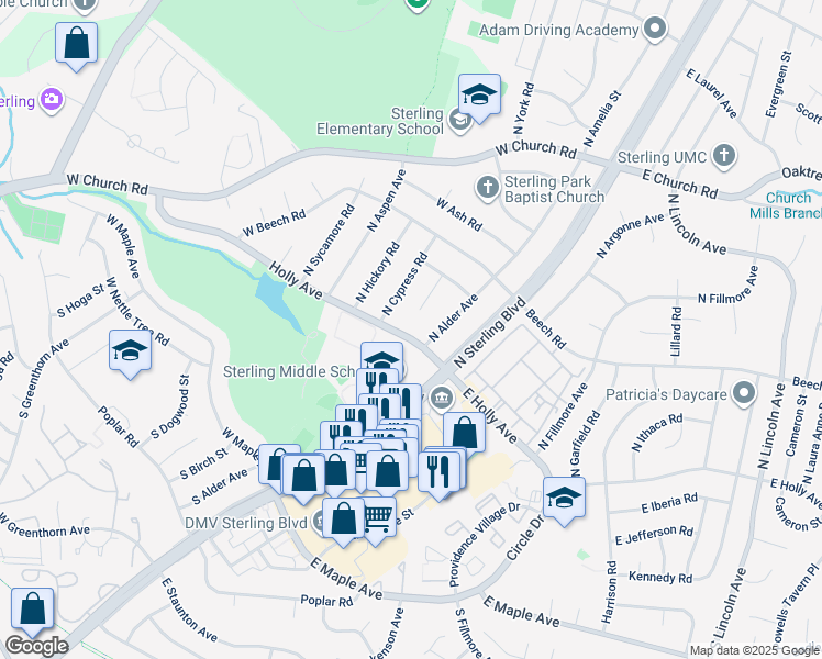 map of restaurants, bars, coffee shops, grocery stores, and more near 204 West Holly Avenue in Sterling