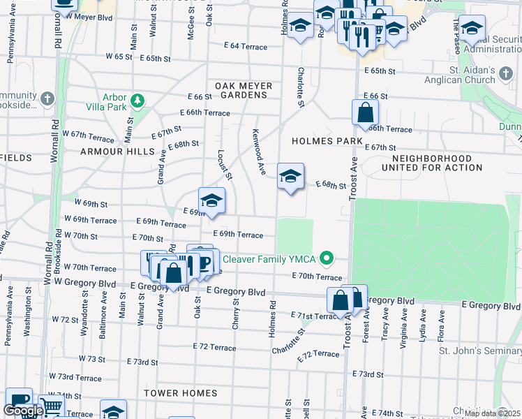 map of restaurants, bars, coffee shops, grocery stores, and more near 6855 Cherry Street in Kansas City
