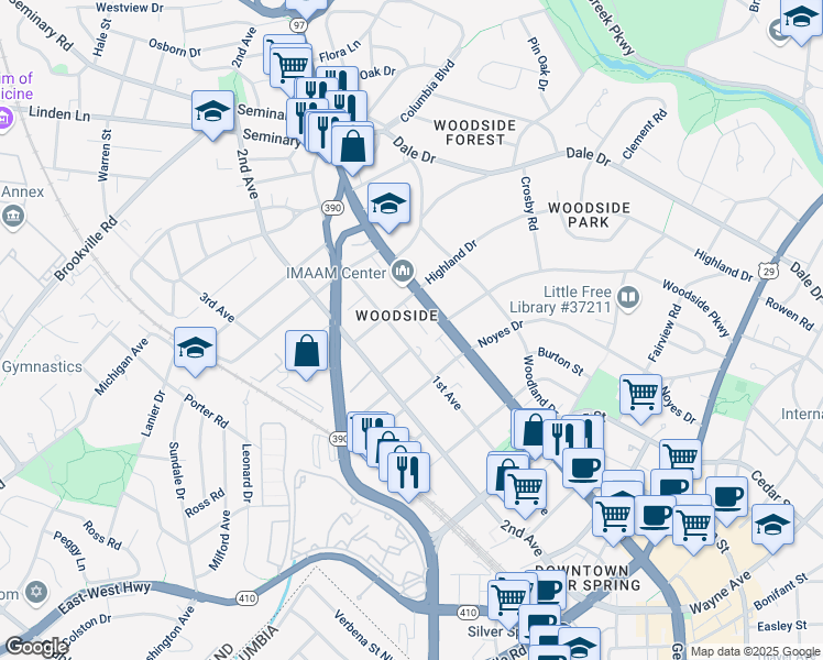map of restaurants, bars, coffee shops, grocery stores, and more near 8915 1st Avenue in Silver Spring