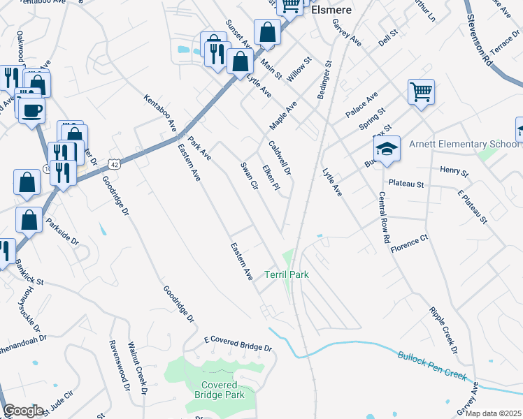map of restaurants, bars, coffee shops, grocery stores, and more near 431 Swan Cir in Elsmere