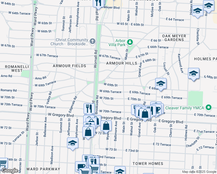 map of restaurants, bars, coffee shops, grocery stores, and more near 109 West 69th Street in Kansas City