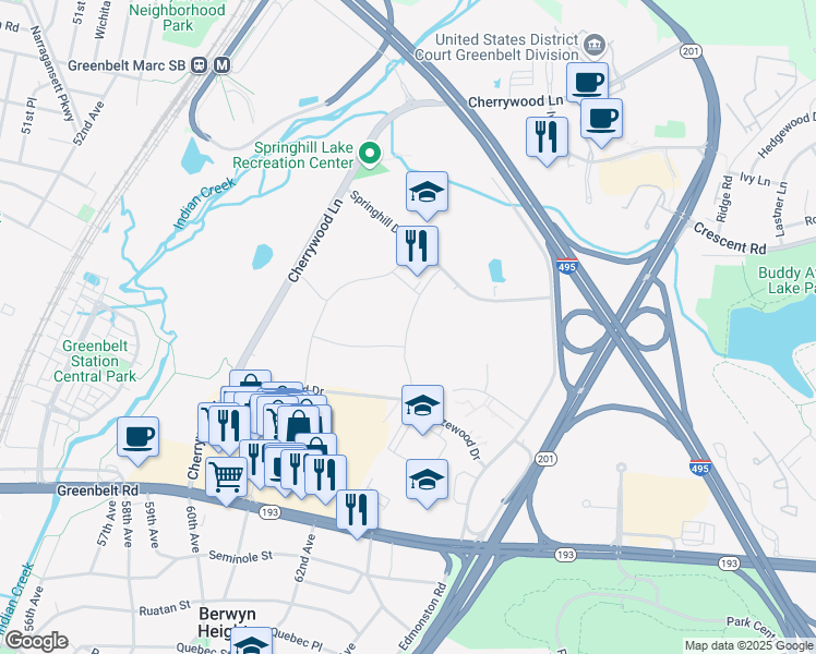 map of restaurants, bars, coffee shops, grocery stores, and more near Springhill Lane in Greenbelt