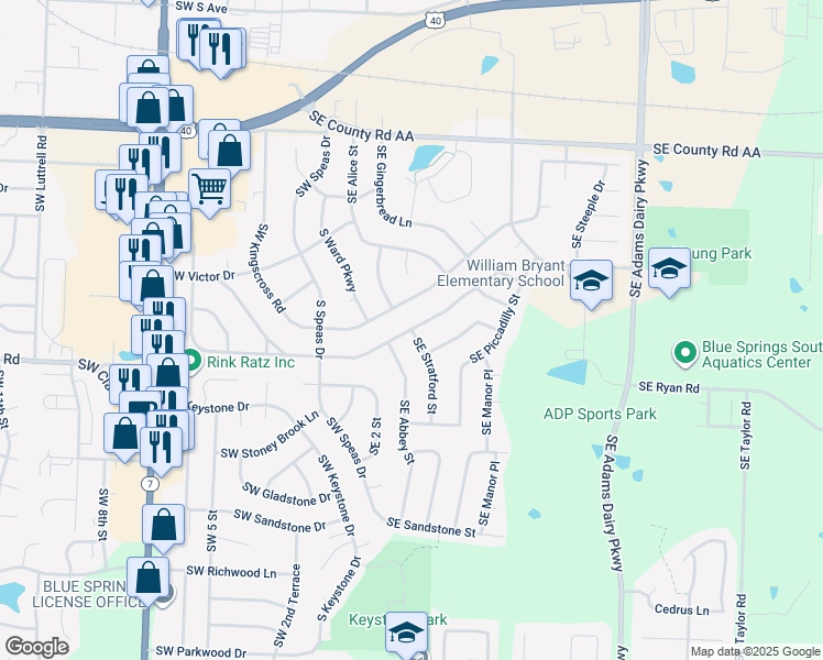 map of restaurants, bars, coffee shops, grocery stores, and more near 198 Southeast Westminister Road in Blue Springs