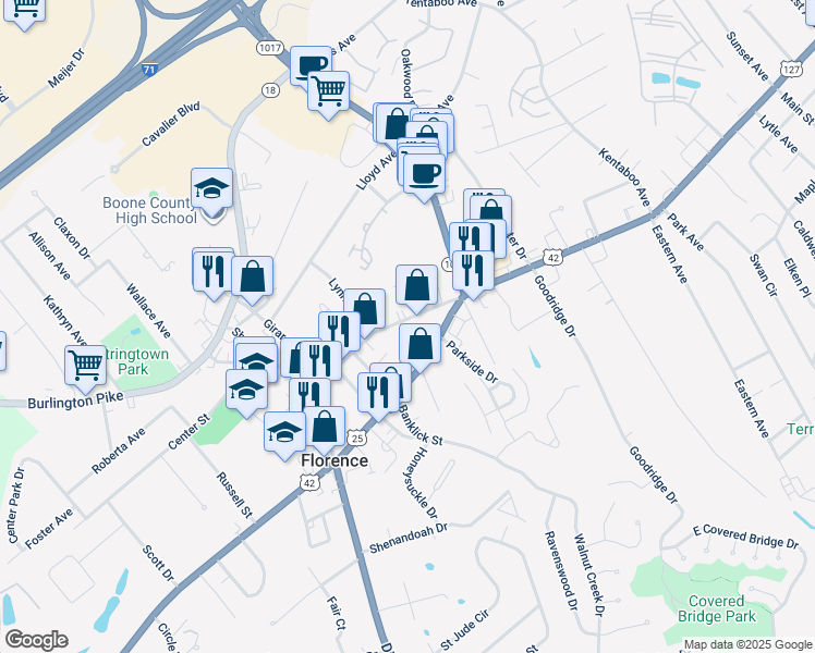 map of restaurants, bars, coffee shops, grocery stores, and more near 221 Main Street in Florence