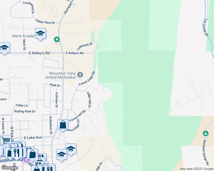 map of restaurants, bars, coffee shops, grocery stores, and more near 1150 Pine Ridge Road in Woodland Park