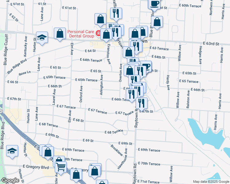 map of restaurants, bars, coffee shops, grocery stores, and more near 9705 East 66th Street in Raytown