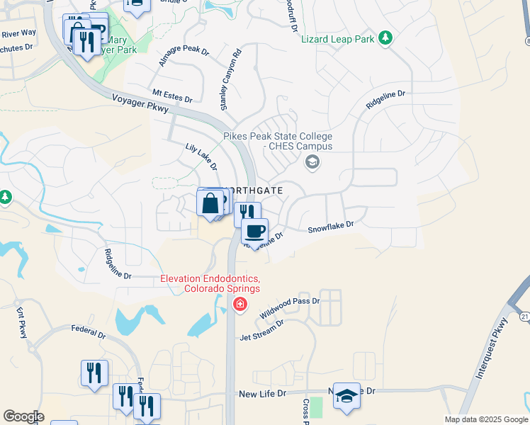 map of restaurants, bars, coffee shops, grocery stores, and more near 1617 Rustlers Roost Drive in Colorado Springs