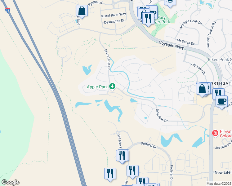map of restaurants, bars, coffee shops, grocery stores, and more near Voyager Parkway in Colorado Springs