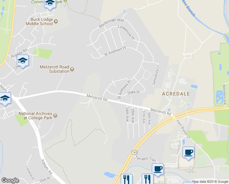 map of restaurants, bars, coffee shops, grocery stores, and more near 3412 Duke Street in College Park