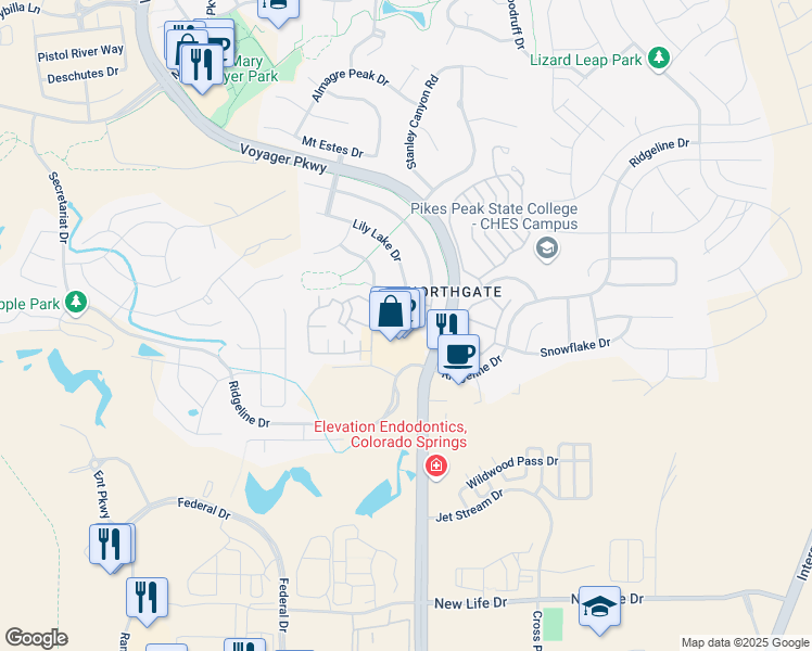 map of restaurants, bars, coffee shops, grocery stores, and more near 1520 Peregrine Vista Heights in Colorado Springs