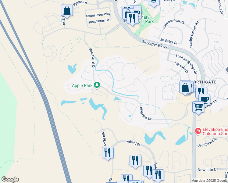 map of restaurants, bars, coffee shops, grocery stores, and more near 11738 Spectacular Bid Circle in Colorado Springs