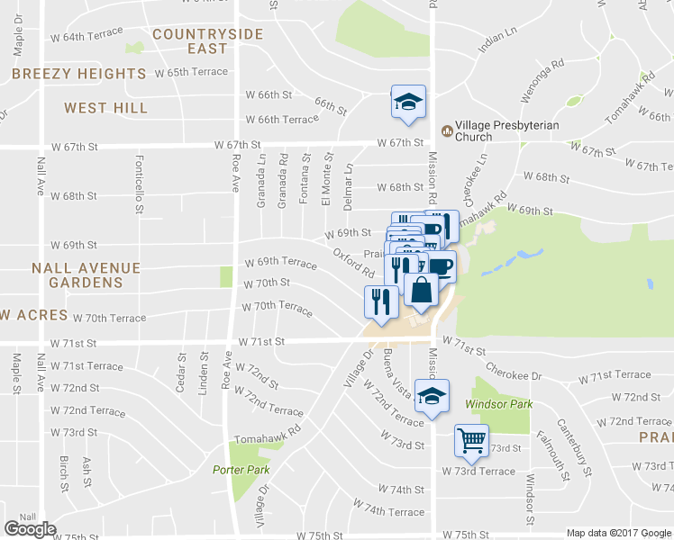map of restaurants, bars, coffee shops, grocery stores, and more near 4316 West 69th Terrace in Prairie Village
