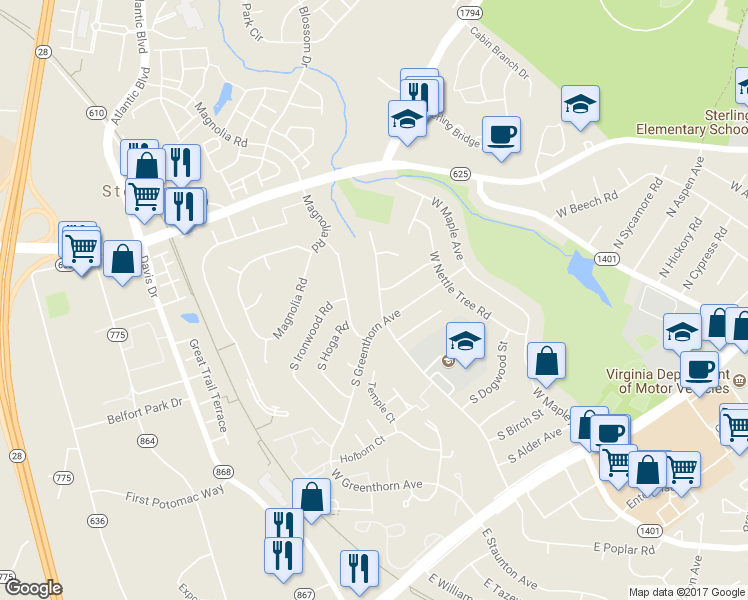 map of restaurants, bars, coffee shops, grocery stores, and more near 707 West Poplar Road in Sterling