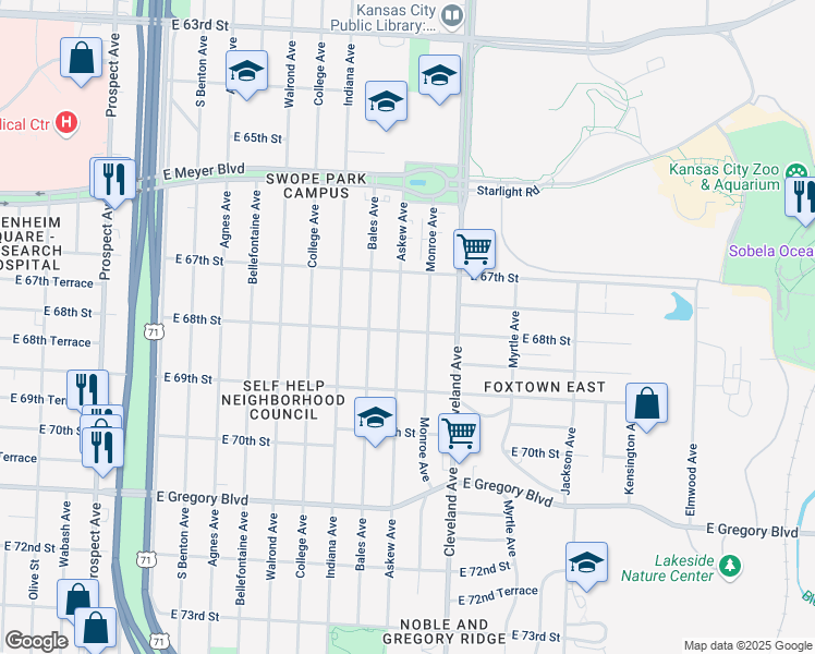 map of restaurants, bars, coffee shops, grocery stores, and more near 6747 Askew Avenue in Kansas City