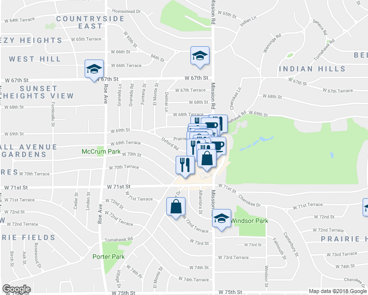 map of restaurants, bars, coffee shops, grocery stores, and more near 4112 Oxford Road in Prairie Village