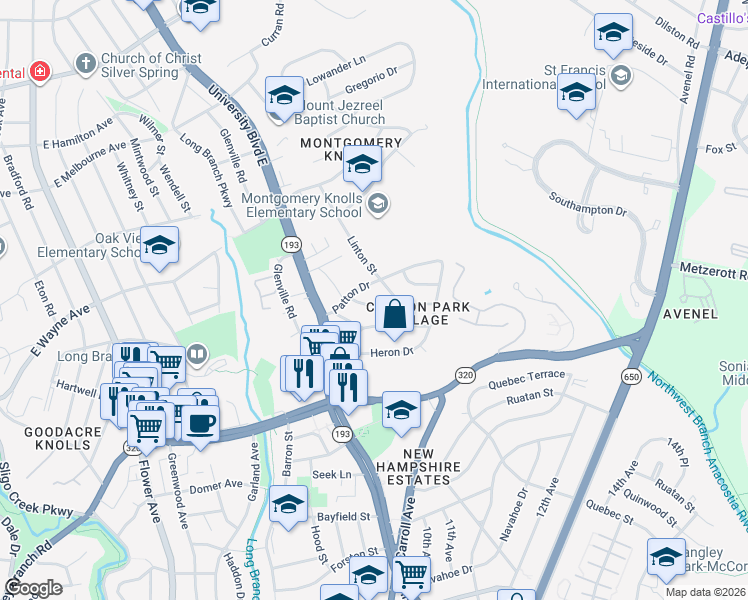 map of restaurants, bars, coffee shops, grocery stores, and more near 806 Malcolm Drive in Silver Spring