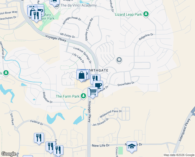 map of restaurants, bars, coffee shops, grocery stores, and more near 11794 Wildwood Ridge Drive in Colorado Springs