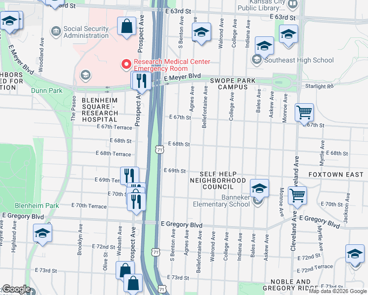 map of restaurants, bars, coffee shops, grocery stores, and more near 2911 East 68th Street in Kansas City