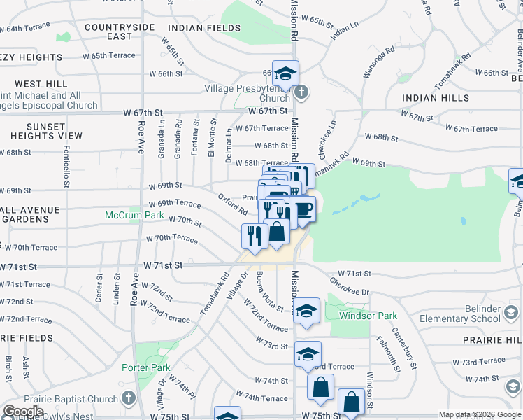 map of restaurants, bars, coffee shops, grocery stores, and more near 6947 Tomahawk Road in Prairie Village