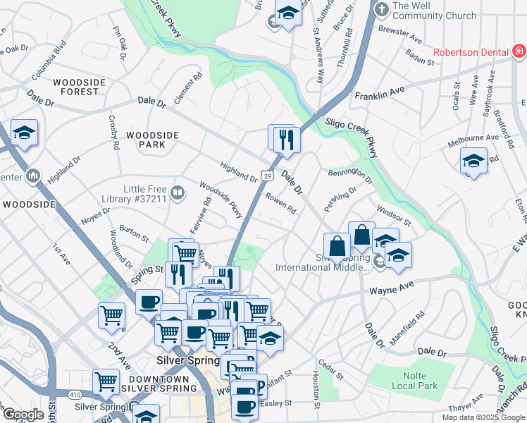 map of restaurants, bars, coffee shops, grocery stores, and more near 825 Woodside Parkway in Silver Spring