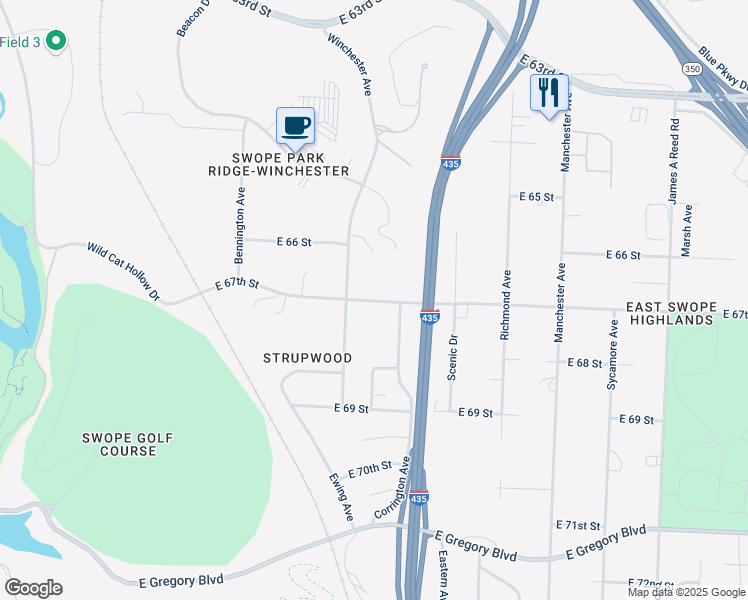 map of restaurants, bars, coffee shops, grocery stores, and more near 7007 East 67th Street in Kansas City