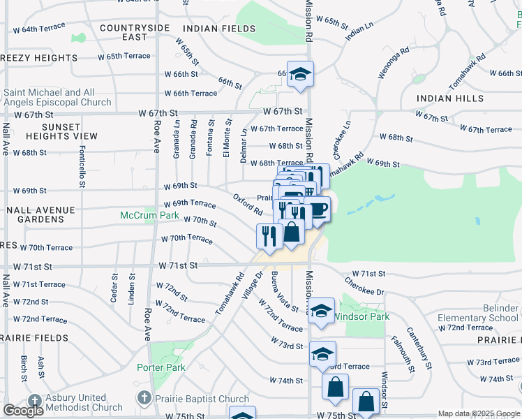 map of restaurants, bars, coffee shops, grocery stores, and more near 4120 Oxford Road in Prairie Village
