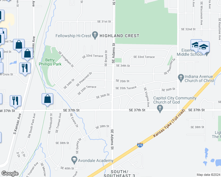 map of restaurants, bars, coffee shops, grocery stores, and more near 3521 Southeast Adams Street in Topeka