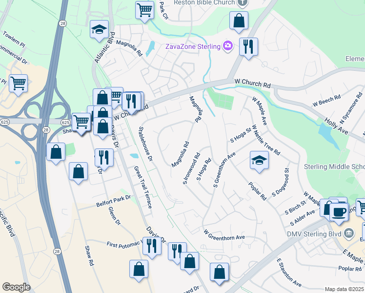 map of restaurants, bars, coffee shops, grocery stores, and more near 131 Magnolia Road in Sterling