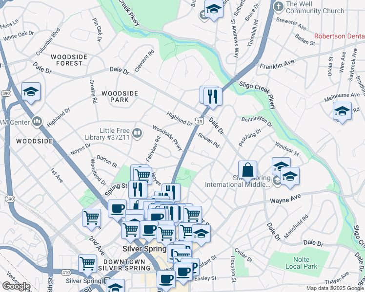 map of restaurants, bars, coffee shops, grocery stores, and more near 9000 Colesville Road in Silver Spring