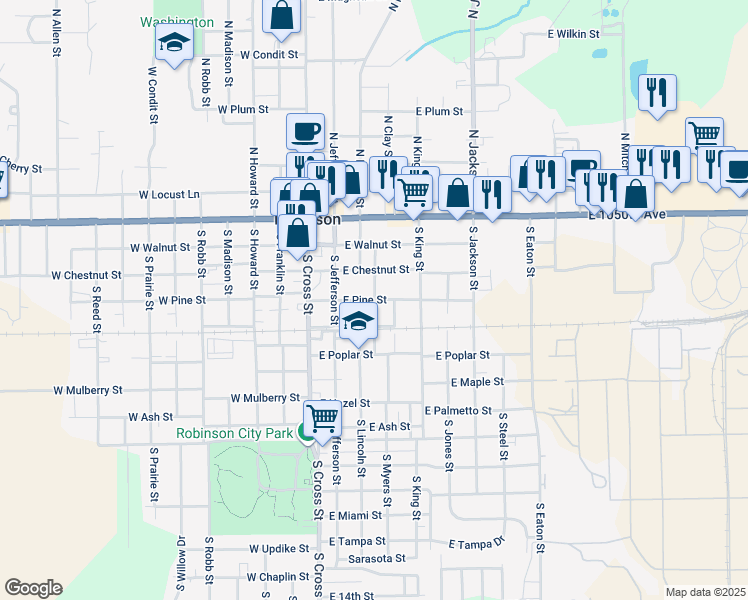 map of restaurants, bars, coffee shops, grocery stores, and more near 400 South Webster Street in Robinson