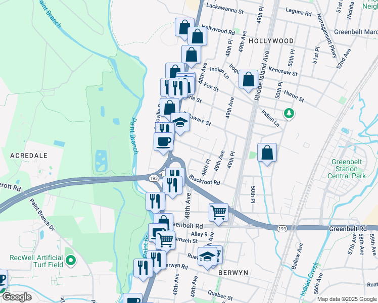 map of restaurants, bars, coffee shops, grocery stores, and more near 9091 Baltimore Avenue in College Park