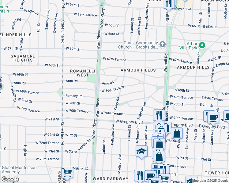 map of restaurants, bars, coffee shops, grocery stores, and more near 811 West 69th Terrace in Kansas City