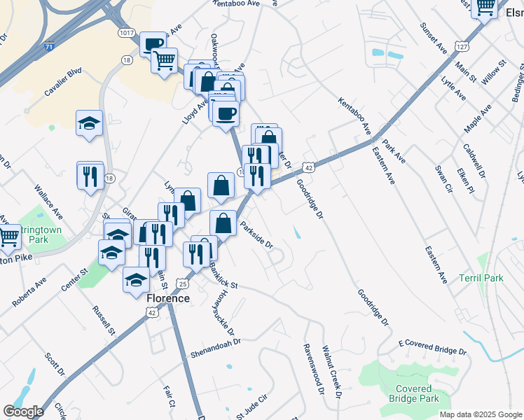 map of restaurants, bars, coffee shops, grocery stores, and more near 3 Rose Avenue in Florence