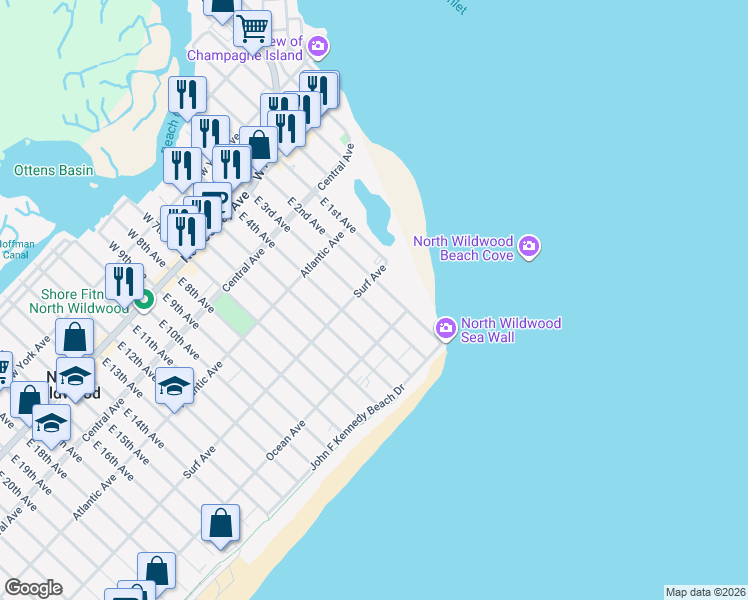 map of restaurants, bars, coffee shops, grocery stores, and more near 407 East 3rd Avenue in North Wildwood