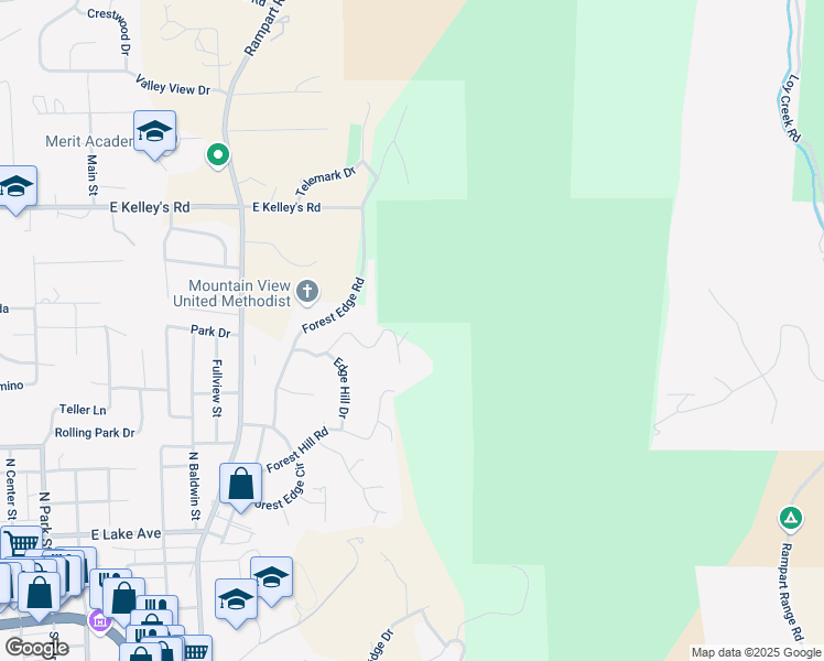 map of restaurants, bars, coffee shops, grocery stores, and more near 1150 Pine Ridge Road in Woodland Park