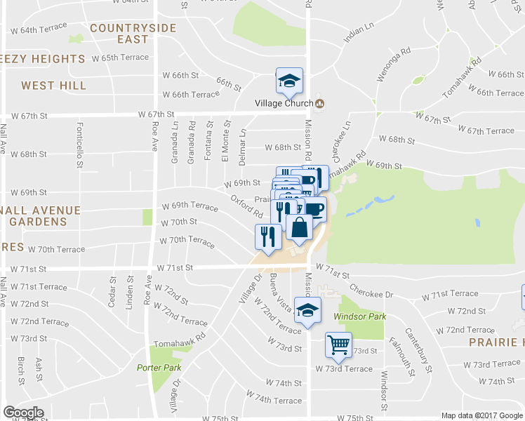 map of restaurants, bars, coffee shops, grocery stores, and more near 4120 Oxford Road in Prairie Village