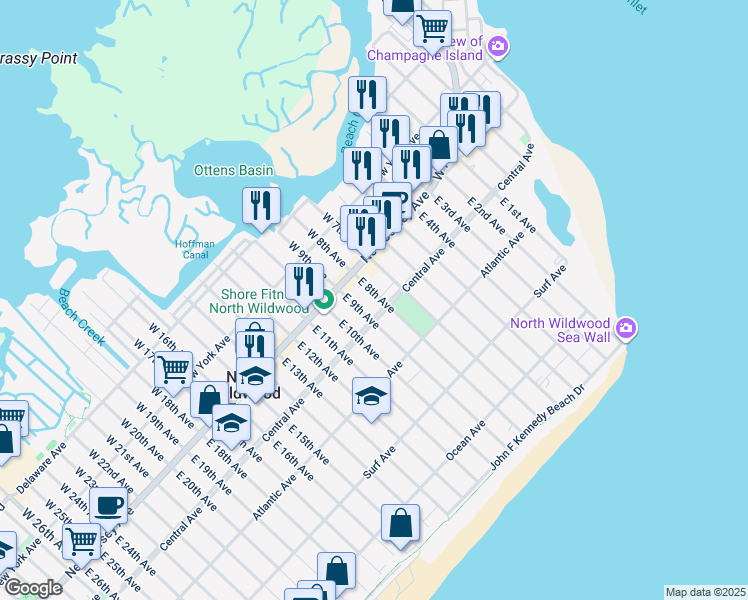 map of restaurants, bars, coffee shops, grocery stores, and more near 126 East 8th Avenue in North Wildwood