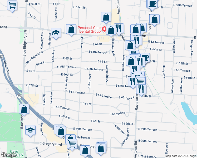 map of restaurants, bars, coffee shops, grocery stores, and more near 9405 East 66th Street in Raytown